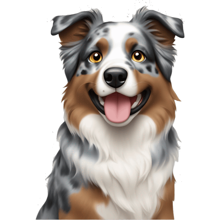 smiling caucasian brown-haired couple with blue merle Australian Shepherd  emoji