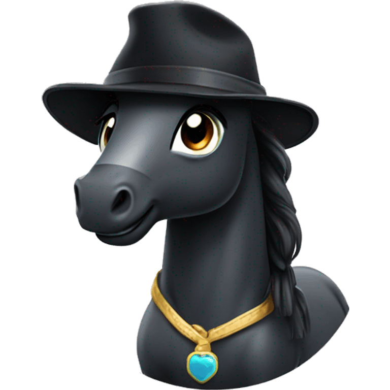 Black little pony wearing a silly hat emoji