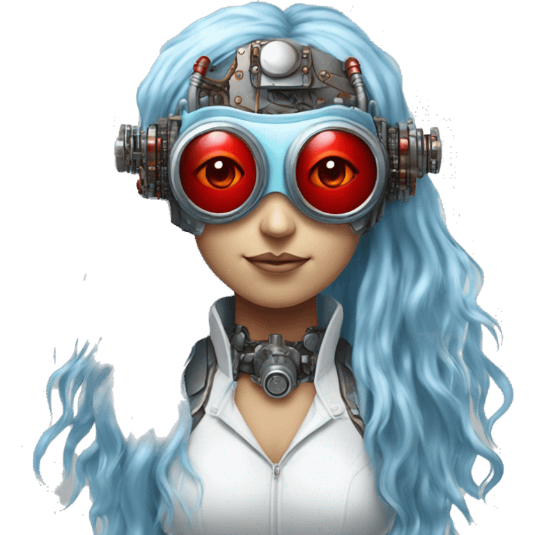 Light blue long hair female cyborg head with red steampunk goggles and circuits emoji