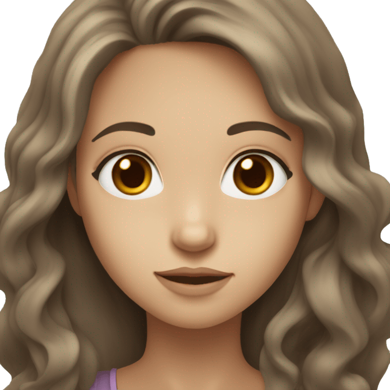 Girl whit brown eyes, white skin, and wavy and brown hair and a long hair emoji