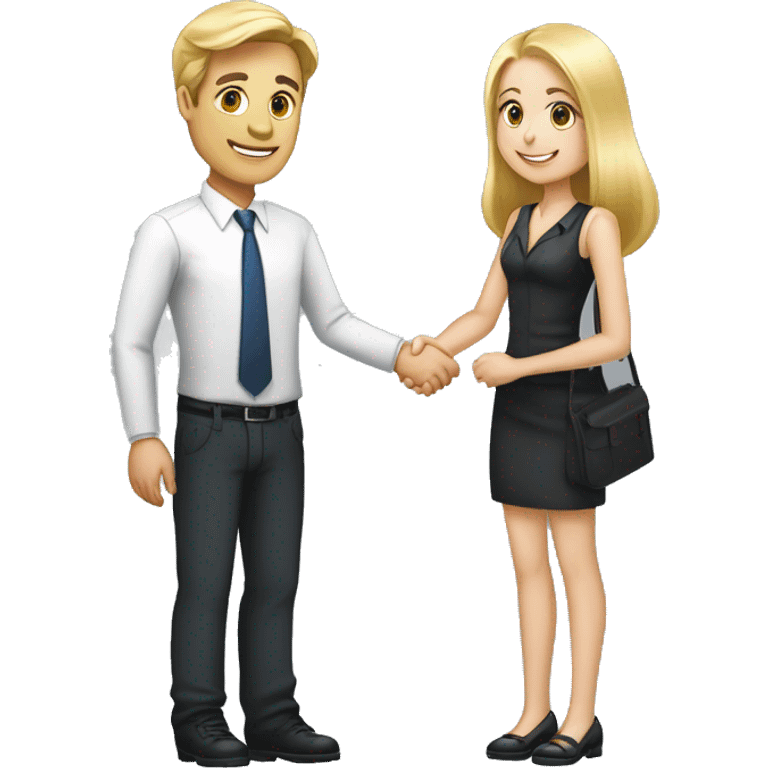 A 40-year-old fair-skinned businessman shakes hands with an 18-year-old fair-skinned blonde girl, full-length emoji emoji