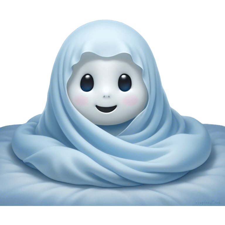 An adorable, peacefully floating sheet-like ghost in gentle pastel whites and blues, its soft, rounded form loosely draped, head resting with closed, serene sparkling eyes and a tiny, contented smile, simplified yet irresistibly charming, highly detailed, with a soft glowing outline that captures the essence of a sleepy, endearing spirit wrapped in cozy slumber! emoji