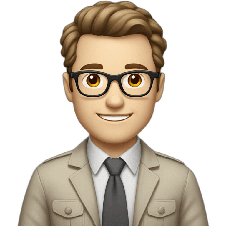 Joyful Pale skinned Fit Man With dark brown hair in gray jacket, beige office shirt, Brown pants and vintage glasses. His thrumbs up emoji