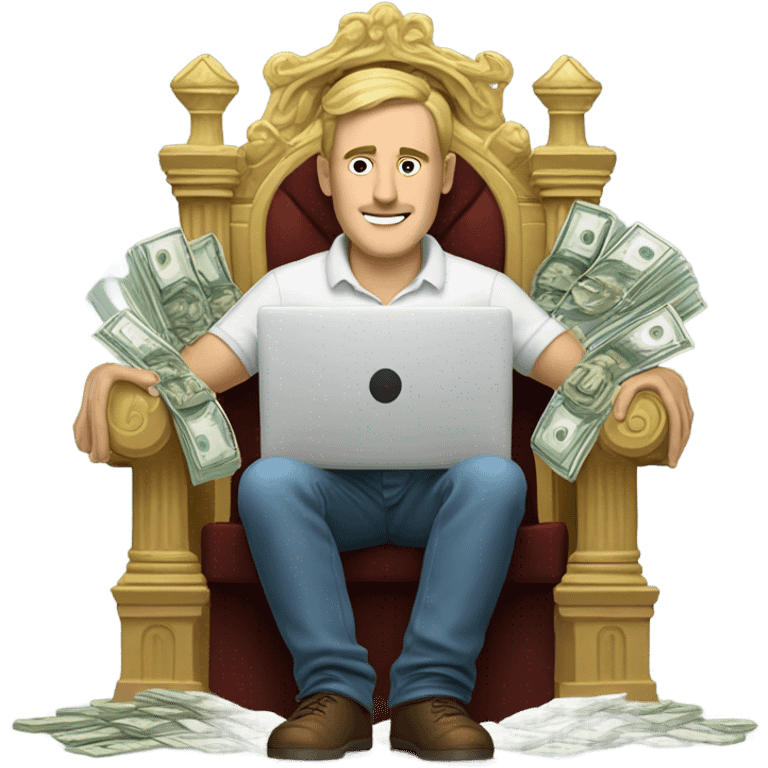 Caucasian Man sitting on a throne of cash with a laptop emoji