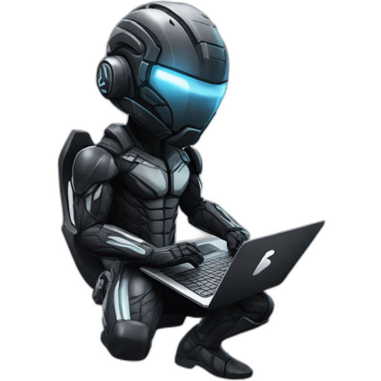 developer behind his laptop with this style : Crytek Crysis Video with nanosuit hacker themed character emoji