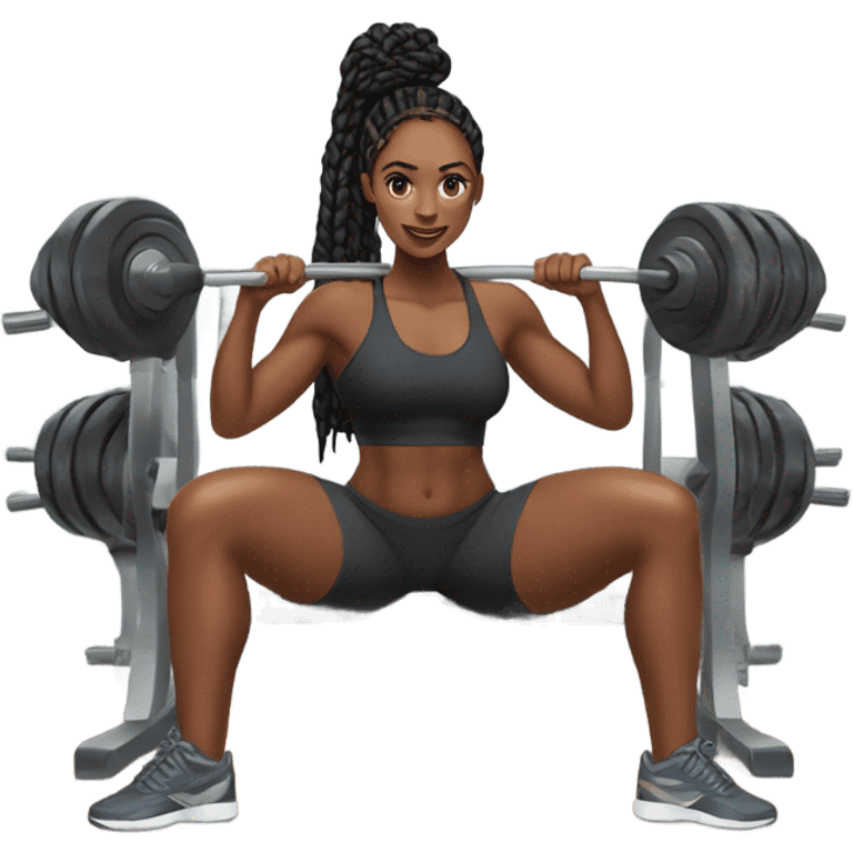 Black woman with long knotless braids with a slim thick build, doing leg day at the gym  emoji