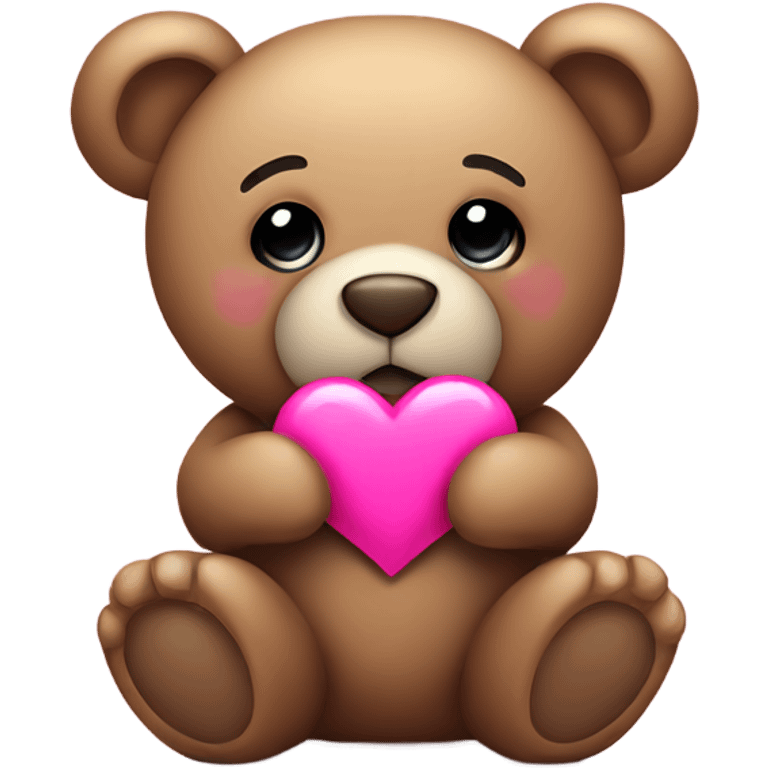 Teddy bear with sad eyes holding a pink heart emoji