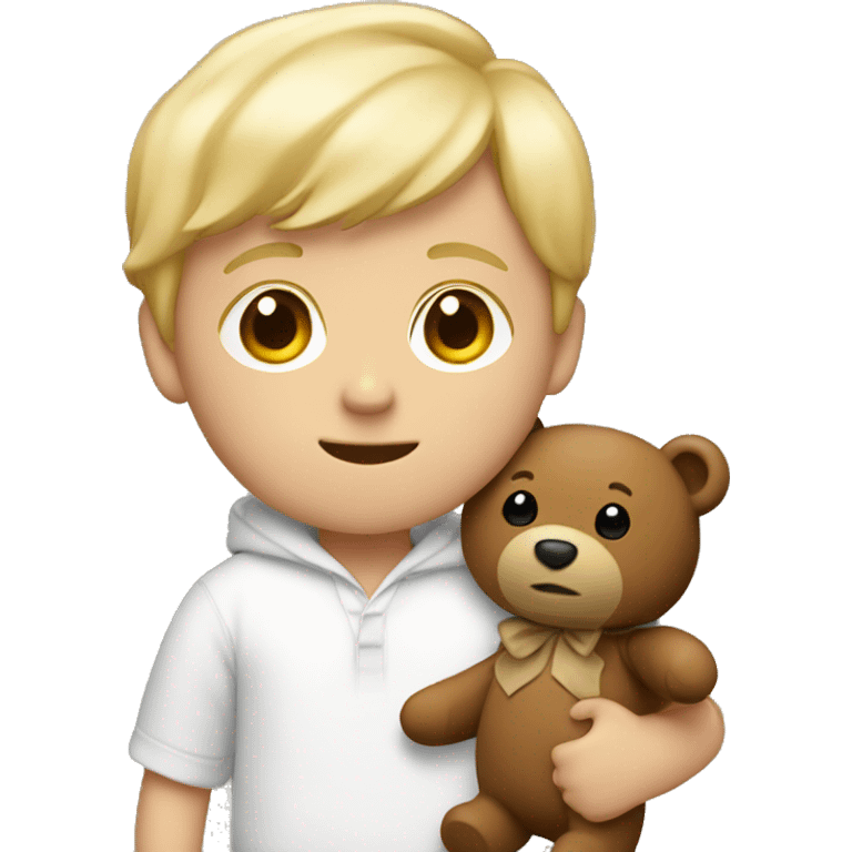 A little white boy with blond hair, in brown pajamas with a teddy bear in his hands emoji