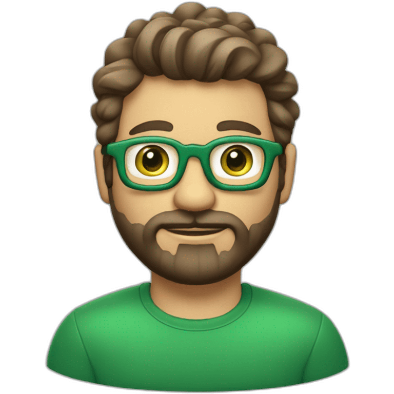 Une visage d’un homme cheveux mi-long un peu ondulée de couleur brun, avec des yeux vert avec une petit barbe bien taillés et des lunettes assez fines  et une peau claire  emoji