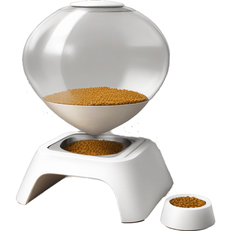 A modern, white manual pet feeder with wooden legs, a metal bowl at the bottom, a transparent front window, and a top lever for dispensing food. emoji