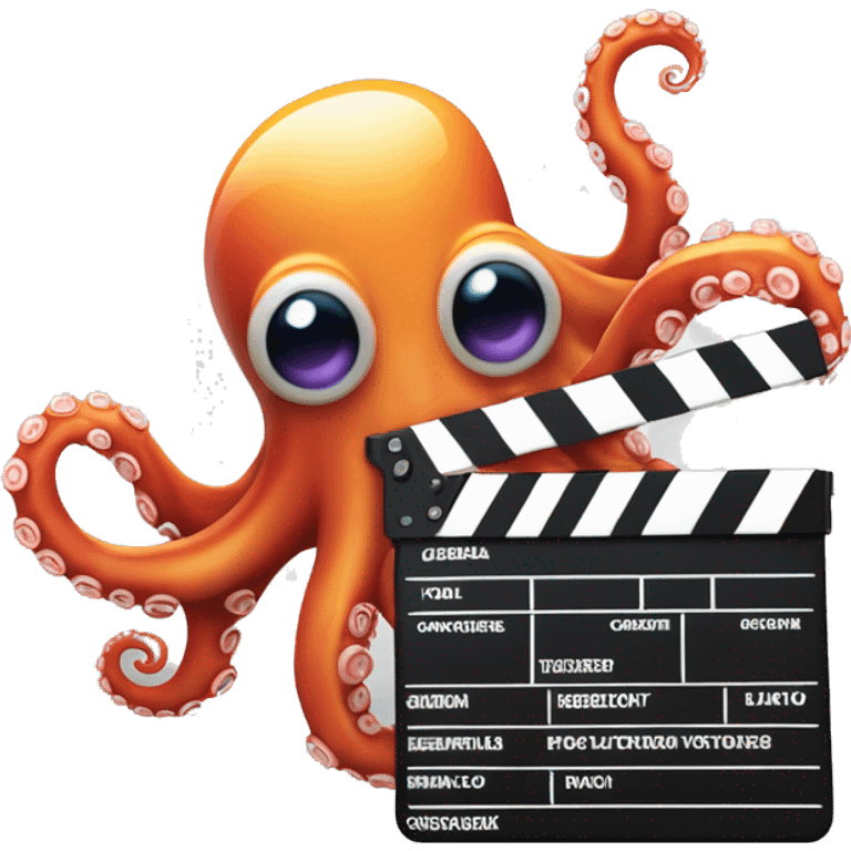 "A vibrant 3D emoji of a cheerful octopus holding a modern movie clapperboard, with dynamic tentacles symbolizing creativity and speed. The design features colorful gradients, sleek editing icons, and a semi-transparent background for versatility." emoji