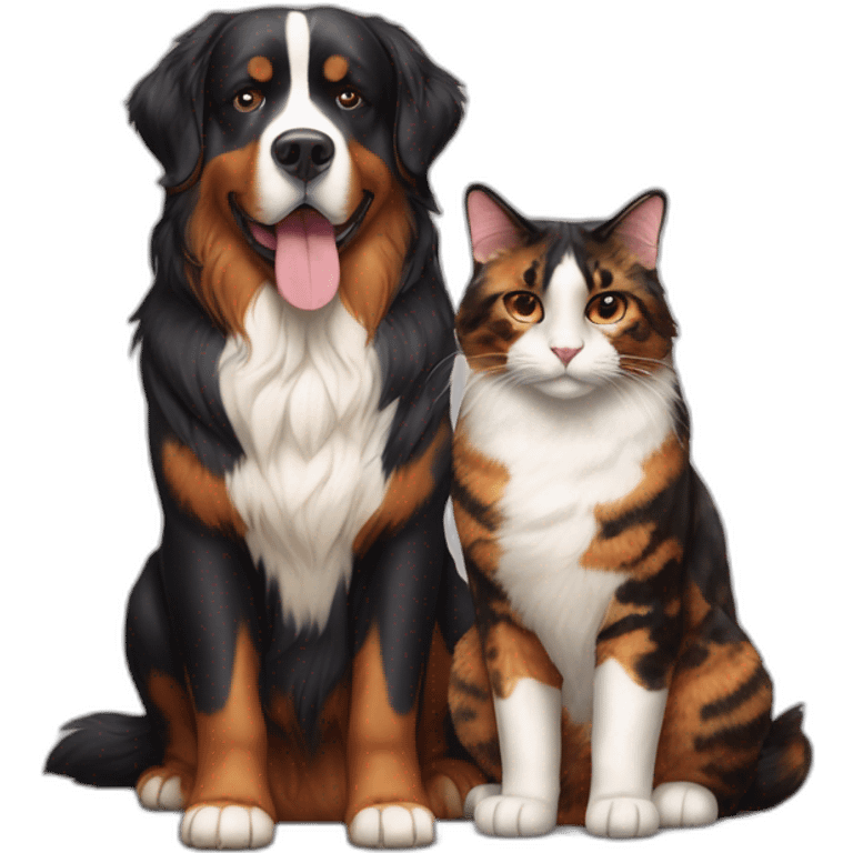 A Bernese dog next to A tortoiseshell cat without white emoji