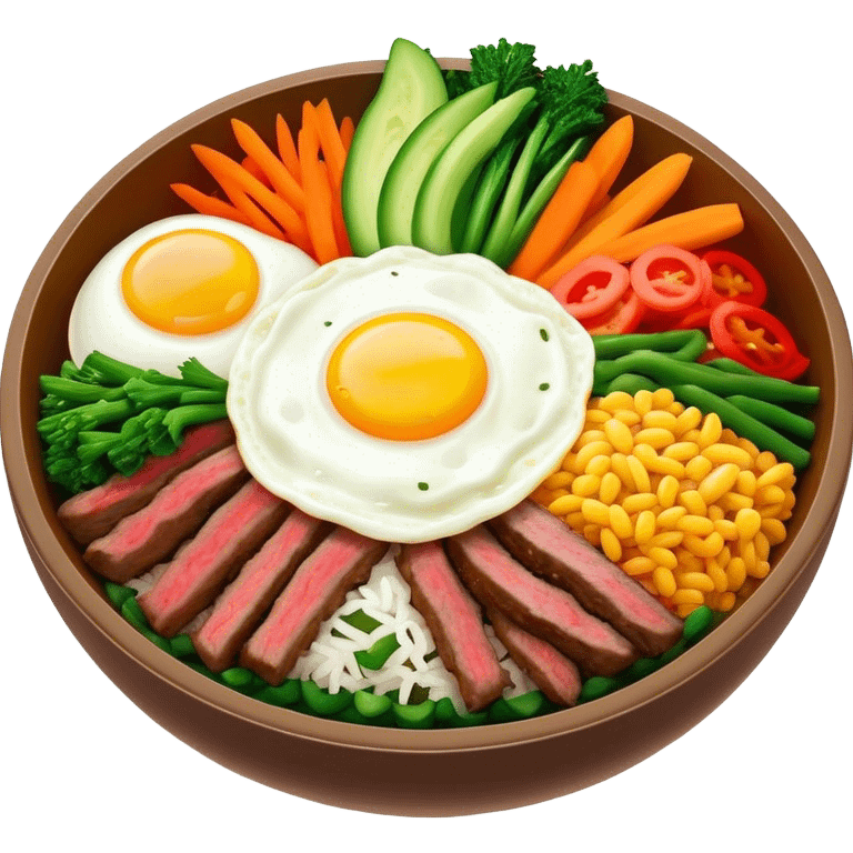 Cinematic Realistic Bibimbap Dish Emoji, showcasing a colorful bowl of mixed rice, assorted vegetables, beef, and a fried egg rendered with lifelike detail and vibrant, harmonious lighting. emoji