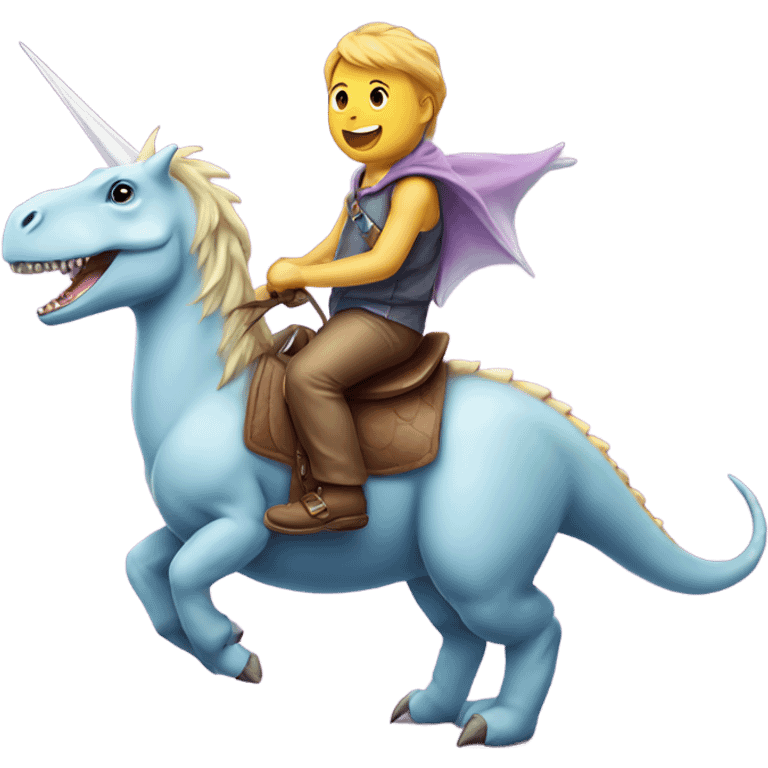 Dinosaur riding a unicorn emoji