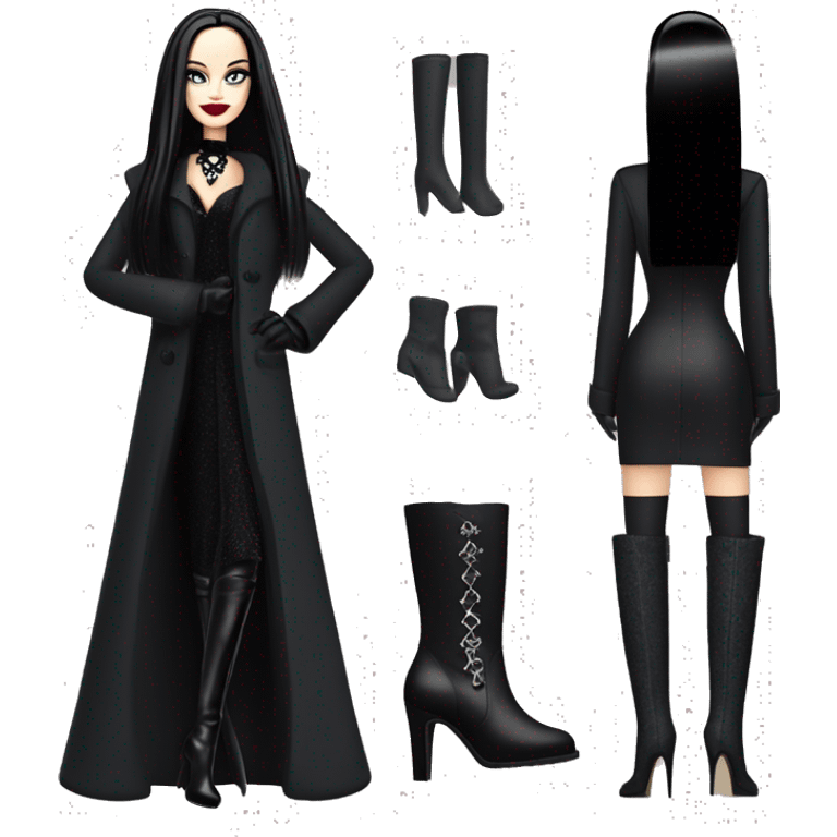 Dazzling Winter Barbie Morticia Addams .  Wearing coat gloves boots  emoji