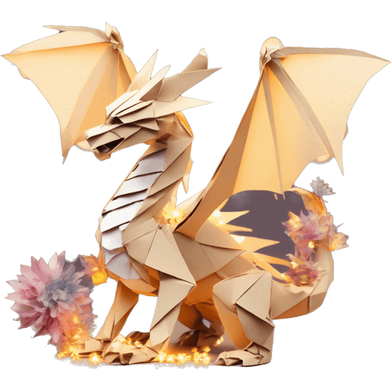 Beige Origami dragon made of newspapers on fire surrounded by fairy lights swirls covered in dried flowers bokeh library bunting floral flowers fire flames emoji