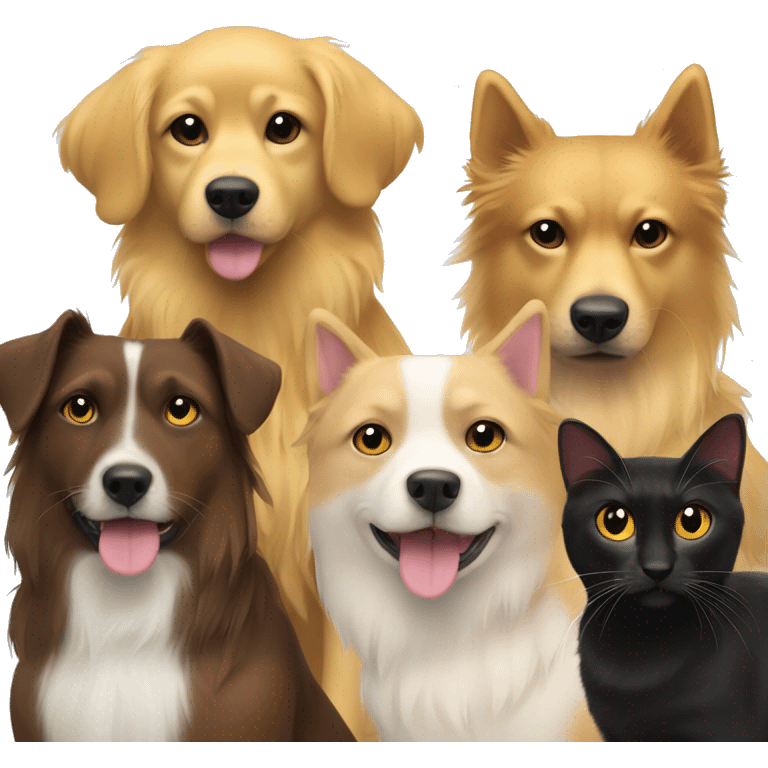 Yellow dog with black and Marron dog and 2 cats one marron and one white with lot of hairs  emoji