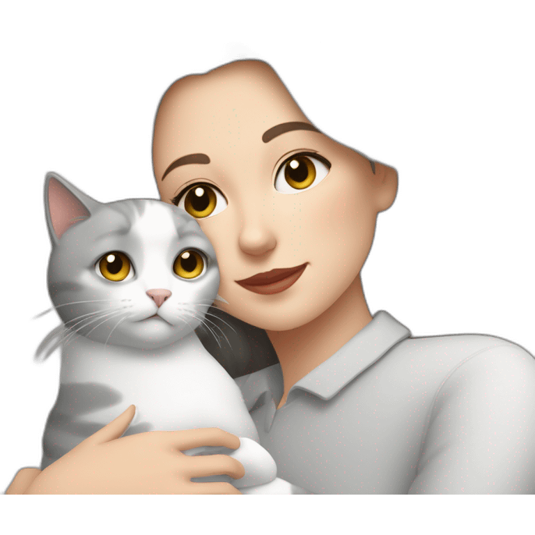 White grey cat cuddling brunnette lady emoji