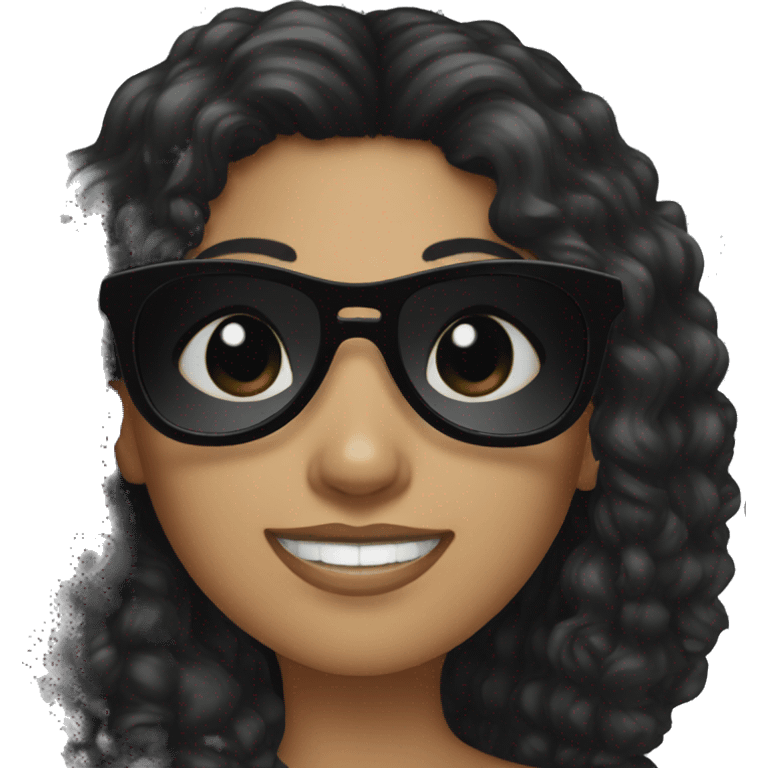 Woman with long black curly hair and black sunglasses  emoji