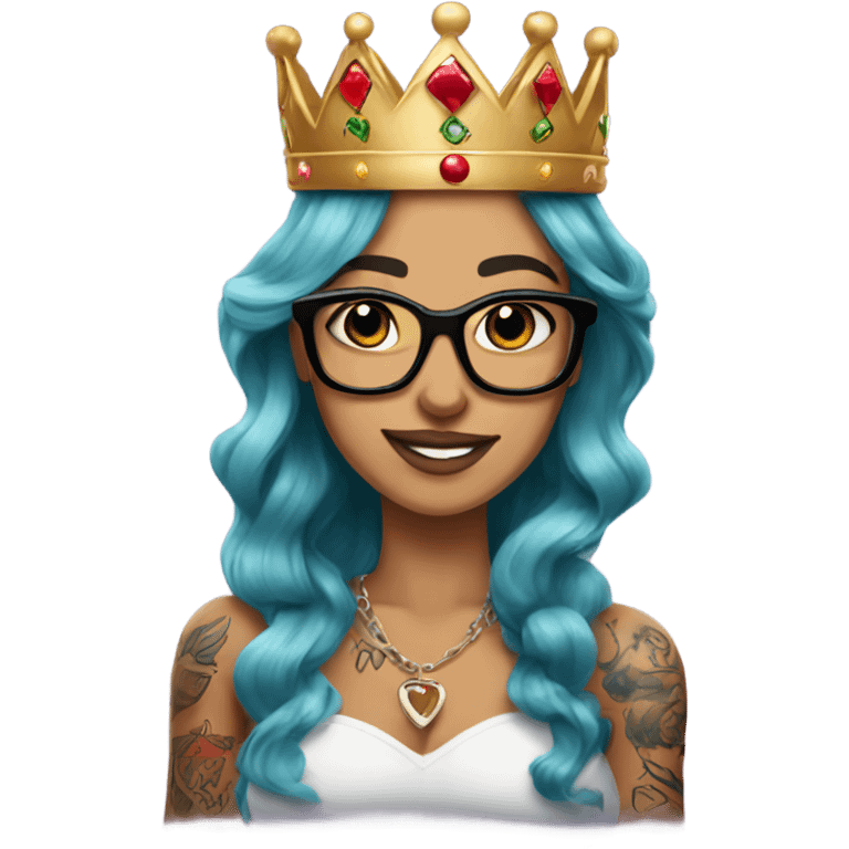 Pinupx long hair, wearing a crown and tattoos and glasses emoji