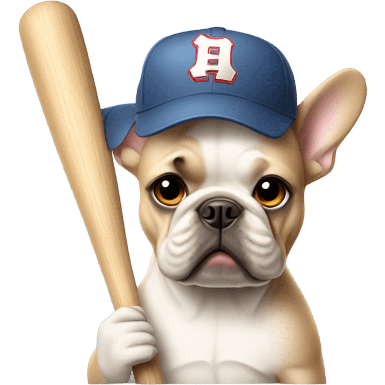 Beige French bulldog with a baseball bat and baseball cap on emoji