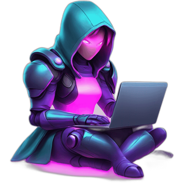 Girl developer behind his laptop with this style : Nintendo Samus Video game neon glowing bright purple pink black hooded hacker themed character emoji