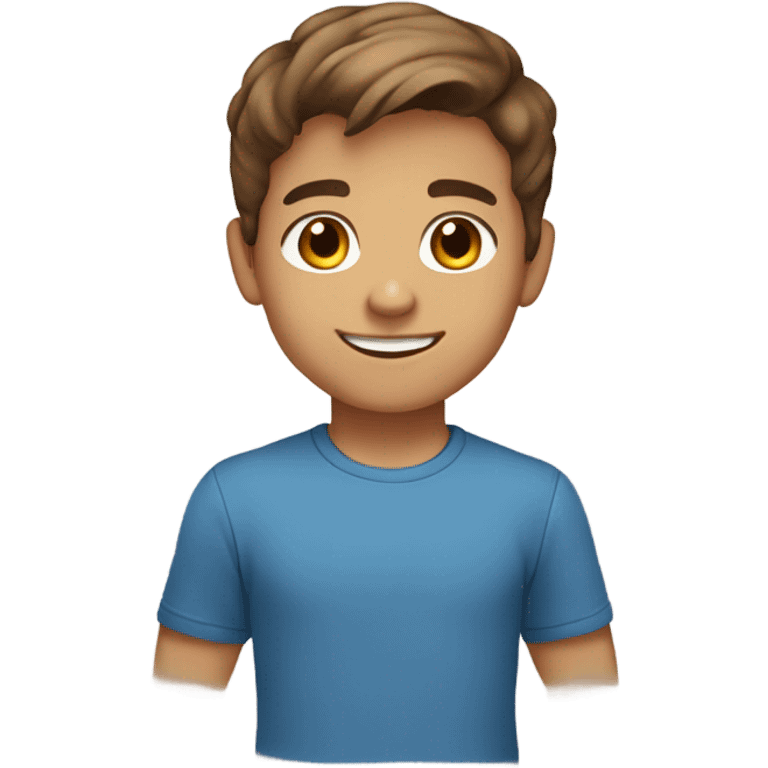 Smiling boy with brown eyes light tan skin tone brown hair and blue shirt and short brown hair emoji