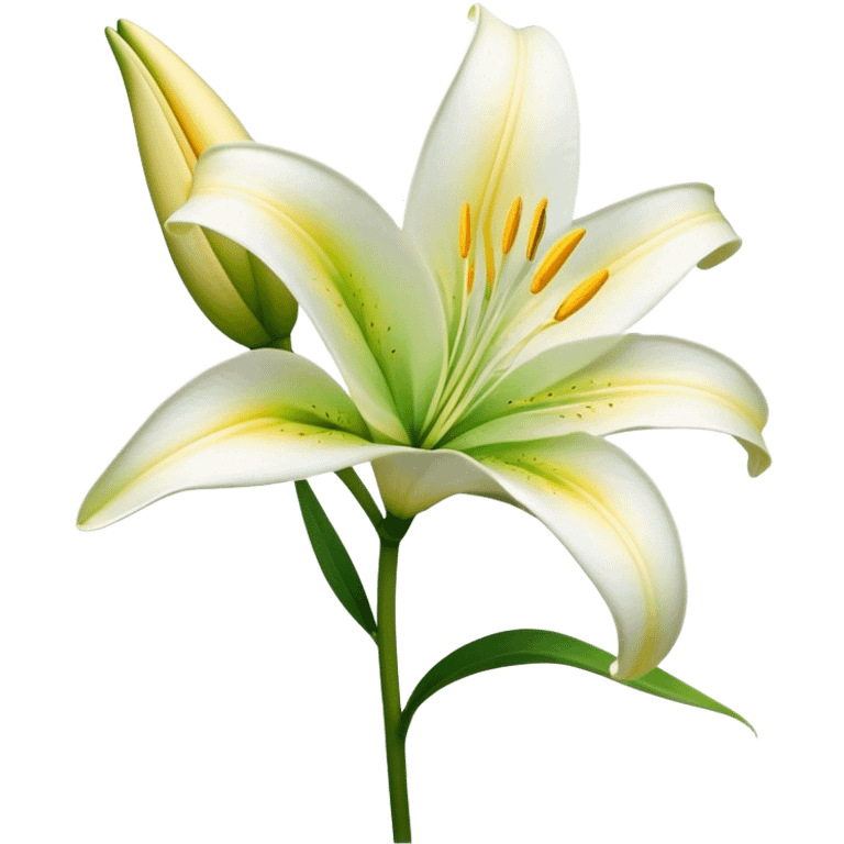 Cinematic Realistic Lily Emoji, Elegant and fragrant, with soft, white petals curling delicately around a golden-yellow stamen at its center. The long, slender green stem stands tall, supporting the vibrant bloom with its slightly curled tips. Soft glowing outline, capturing the essence of purity, elegance, and grace in a striking lily. emoji