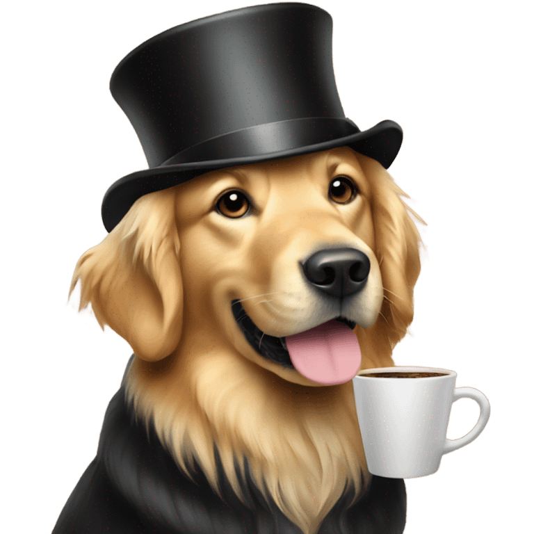 Golden retriever wearing top hat drinking coffee emoji