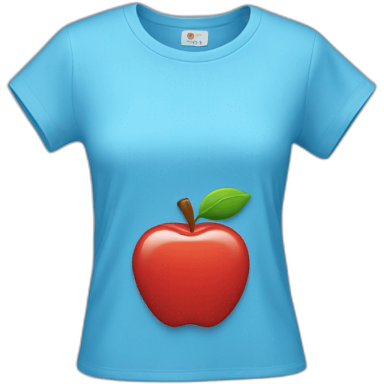 blue femlae T shirt with a red apple logo  emoji