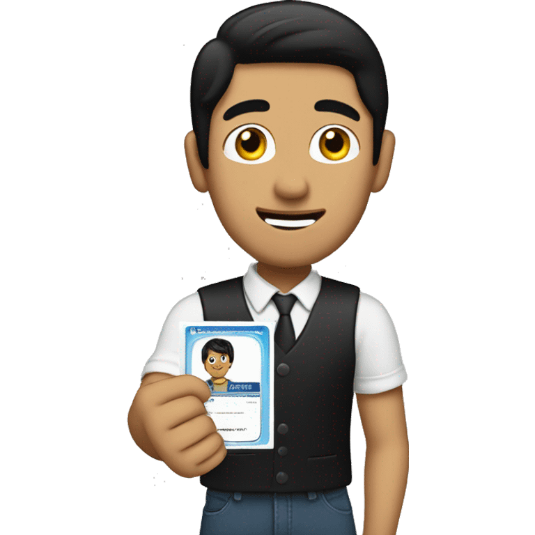 Create an emoji of a guy with black hair being proud holding and showing his license on his hand emoji