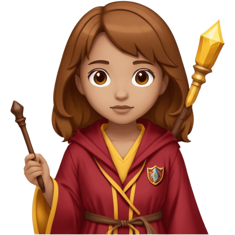 Girl with Curry Brown hair and a gryffindor Robe and a small wooden wand and light Skin emoji