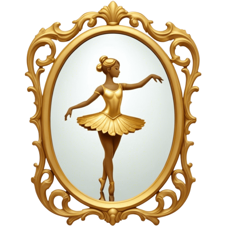 Cinematic Realistic Mirror, a large, ornate mirror reflecting a dancer’s poised silhouette, soft golden light creating depth, slight smudges on the glass adding realism, glowing with a timeless and artistic presence. emoji