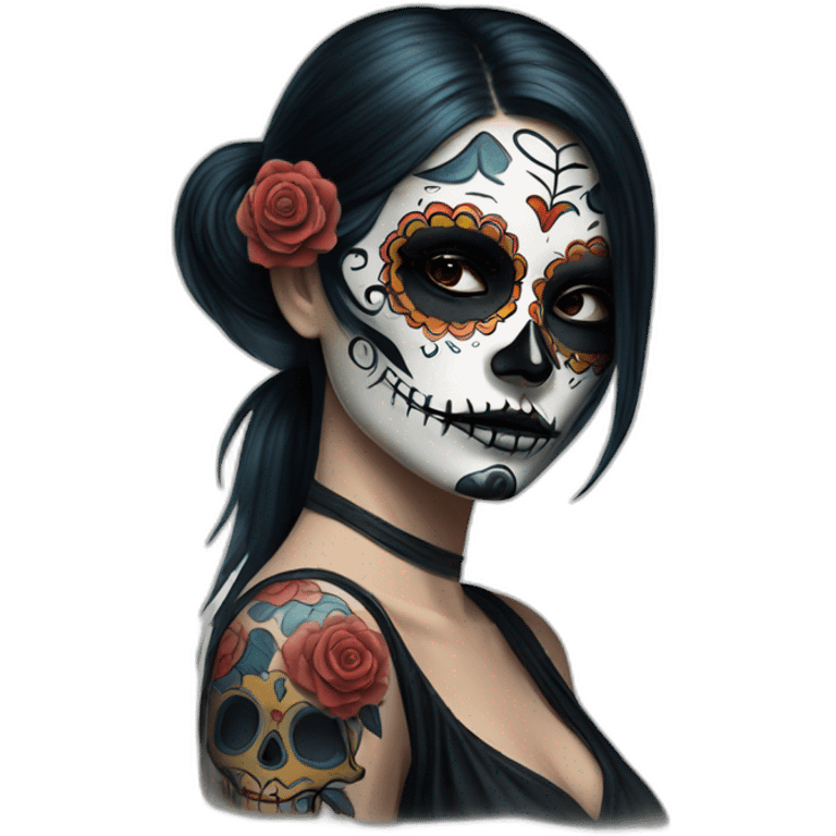 Lady looking over shoulder day of the dead tattoos and eyepatch emoji