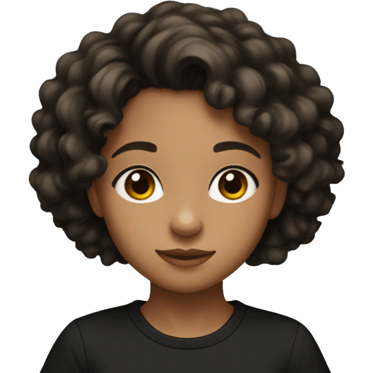 A young girl with light brown skin, black medium-long curly hair, and wearing a black t-shirt emoji