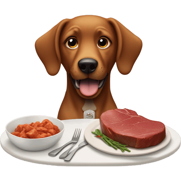 Dog eating a steak at the dinner table  emoji