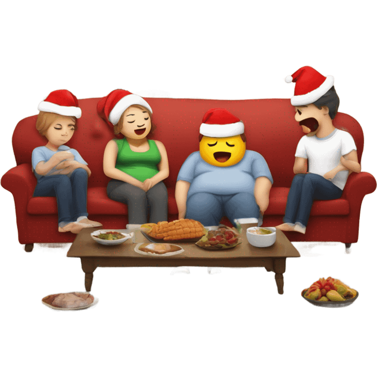 Family on couch wearing Christmas hats. Two people sleeping. One person burping with speech bubble saying ‘burp’. All with fat belly’s. Christmas dinner and turkey on the floor.  emoji