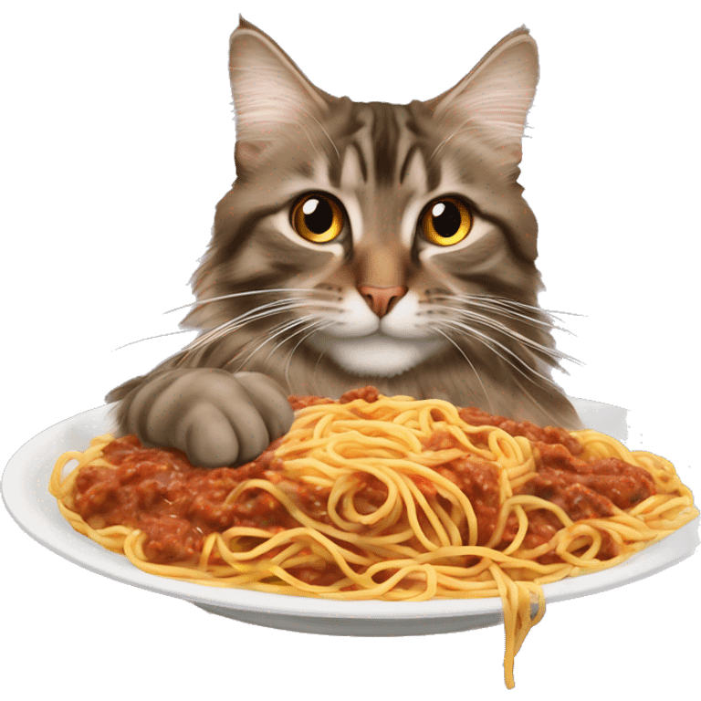 brown tabby long hair maine coone eating spaghetti bolognaise  emoji