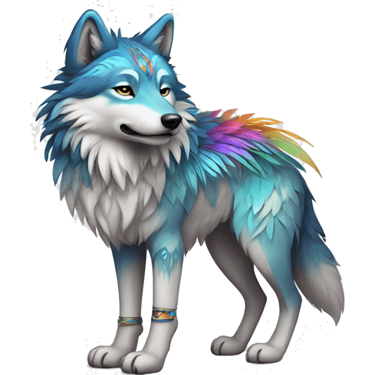 Fluffy Shy Colorful Spiritual Shamanic Wolf With Shiny Tribal Markings wearing feathers Full Body emoji