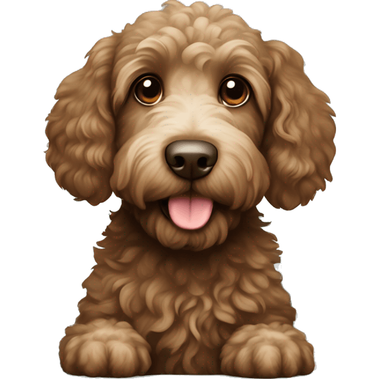 Brown labradoodle with white spots with present emoji