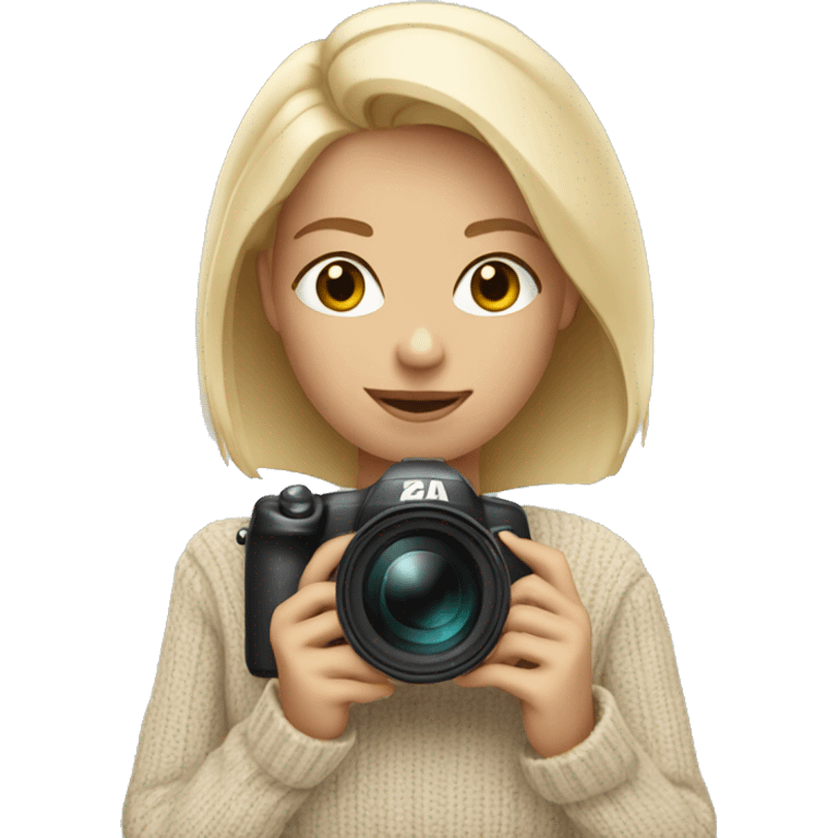 Short blonde in beige sweater holding camera emoji