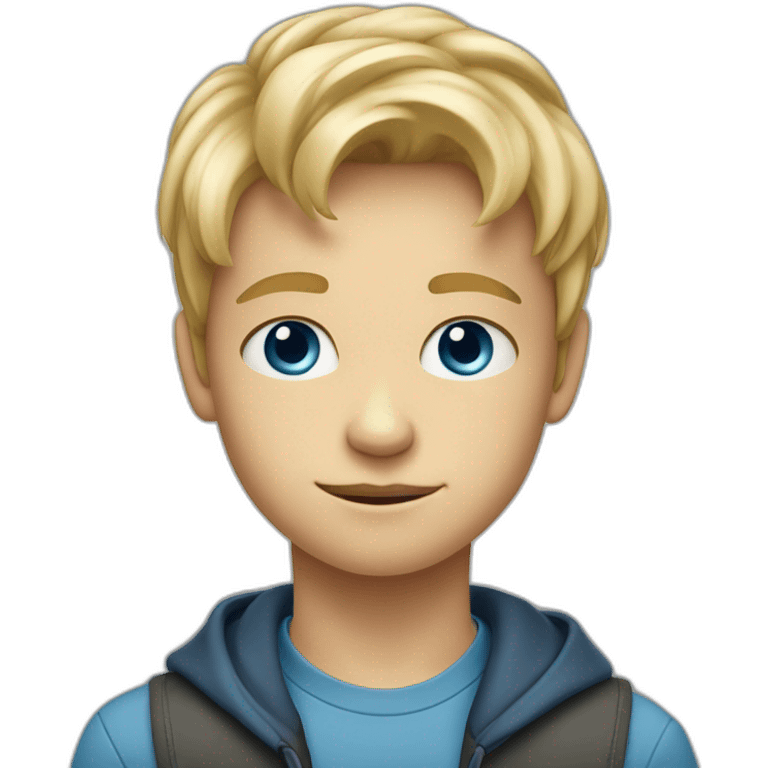 13y old blond boy with blue eyes, Hair forward so that it sits straight flat across his forehead to just before his eyebrows emoji