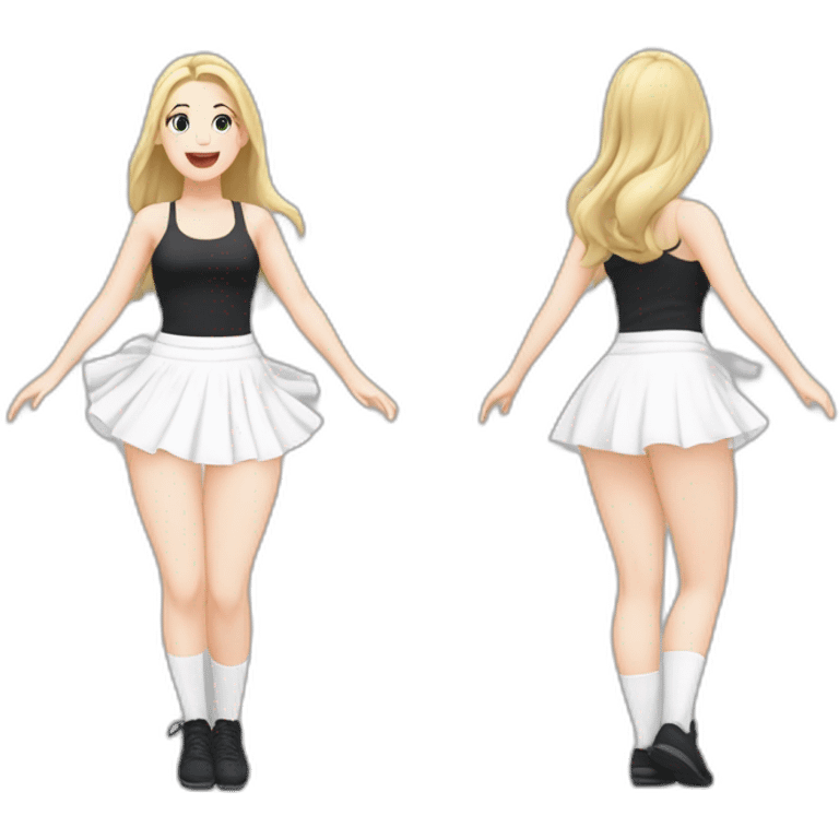 full-body-caucasian-curvy-beauty-jumping-short-black-skirt-back-and-front-views-strong-wind-white-knickers-long-white-socks emoji