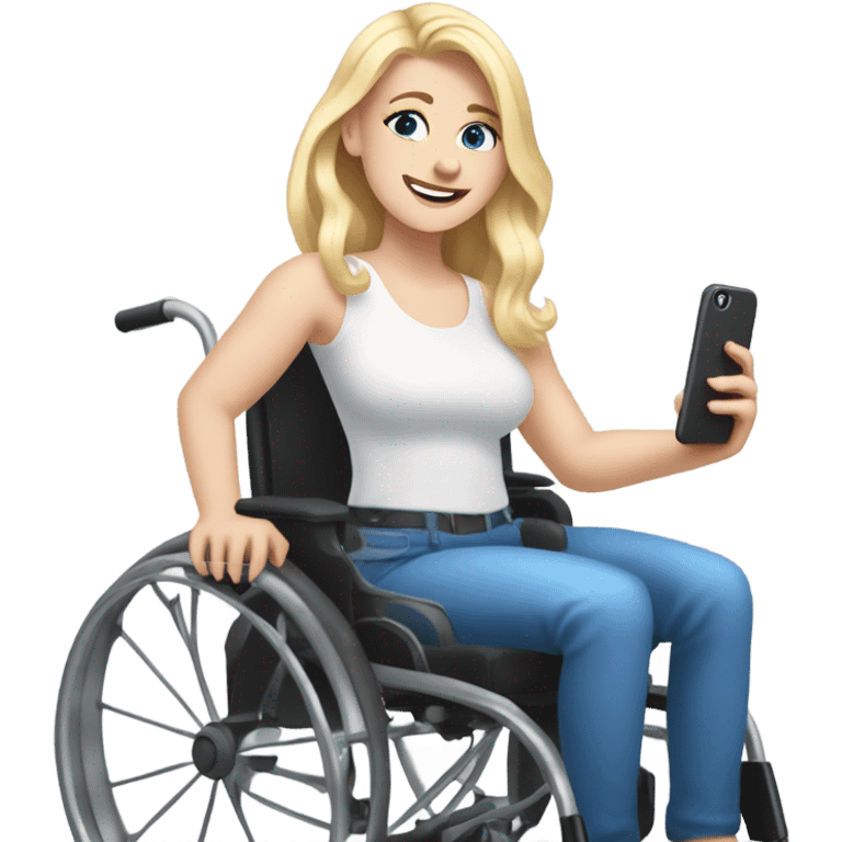 Screaming white girl with blonde hair and blue eyes in wheel chair taking selfies with iPhone emoji