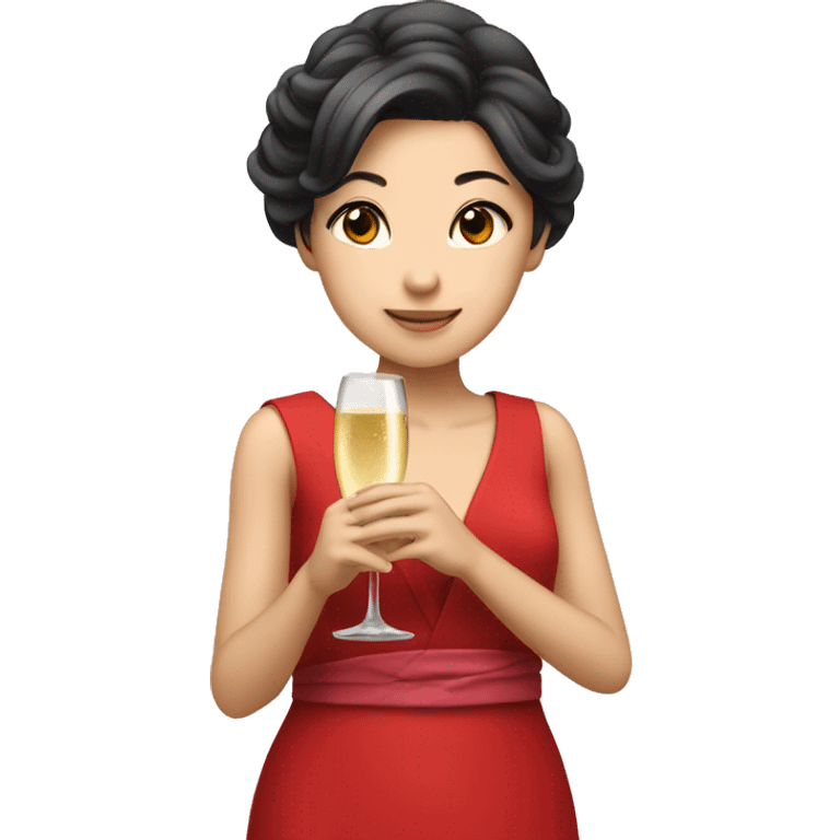 Japanese girl holding a champagne glass in red dress  emoji