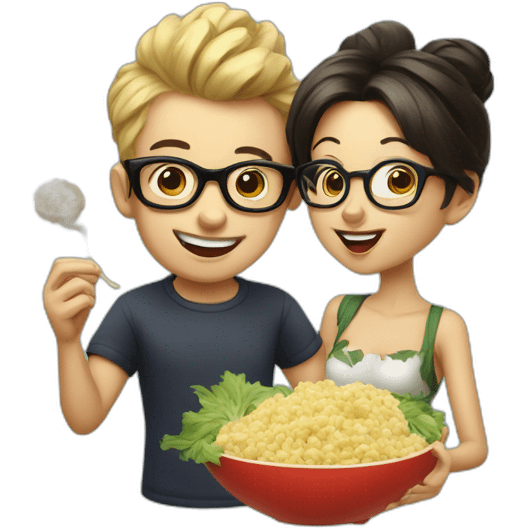 Boy with glasses and pin up girl eating garlic emoji