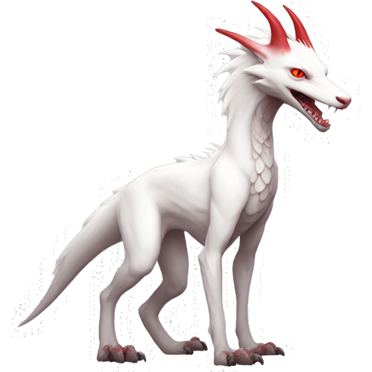 White albino sergal-vernid with red mane and red eyes, full body emoji