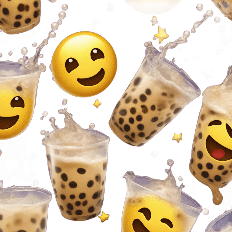 make the boba tea caricature bounce in place happily while the splashes, stars and tapioca pearls that are outside of the cup's frame are constantly exploding outwards infinitely, flying out of the frame. emoji