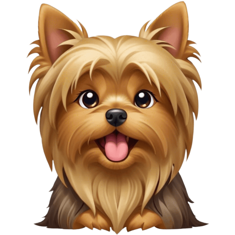 Cinematic Cute Yawning Yorkshire Terrier Portrait Emoji, Head tilted with a playful, drowsy expression and droopy, adorable eyes, featuring a soft, well-groomed fur in rich hues, simplified yet irresistibly endearing, highly detailed, glowing with a warm, cozy radiance, high shine, exuding a relaxed yet spunky charm, styled with a gentle, soft glowing outline, capturing the essence of a Yorkshire Terrier mid-yawn that seems as if it could cuddle right off the screen! emoji