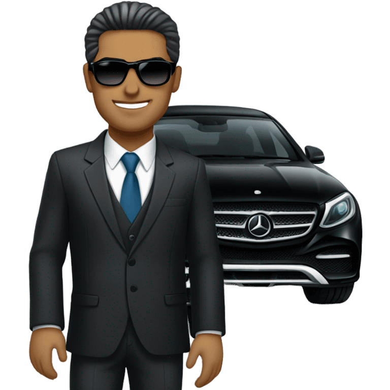 Latino Businessman with sunglasses standing in front of black Mercedes emoji